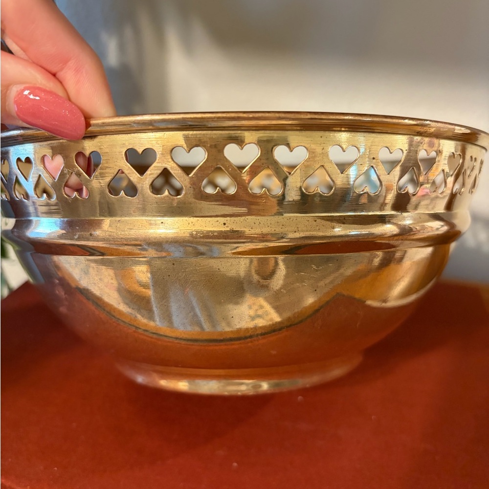 Vintage Brass Bowl Planter Pot with Heart Cutouts - Picture 5 of 10